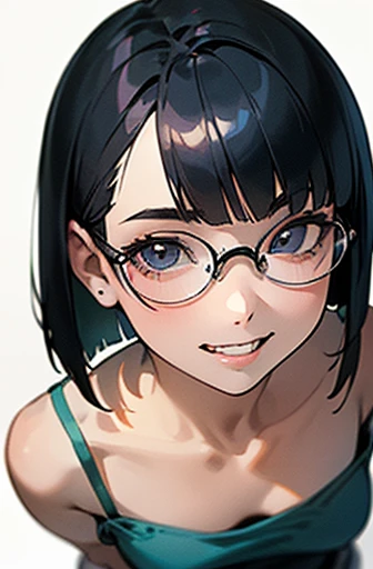 (masterpiece), (8k, best quality, high resolution), (ultra-detailed, realistic), (anatomically correct),  

((face close-up)), (Standing), (No background),
(1woman),  (looking at viewer), 
(A Japanese woman, 30 years old and 155cm tall.), 

(black hair), (straight hair), (short hair style), (bob cut), (hair behind ears), 
((she wears glasses with black cell-frame frames)), 
(light blue camisole with thin straps and made of thin fabric.), 
(navy blue flared mini skirt), 
(Create a detailed image of the eye), 
(Her impression is pure, clean and kind.), 
((A captivating smile, just showing a few teeth.)), 　 

(Create a detailed image of the eye), 
(Her impression is pure, clean and kind.), 
((A captivating smile, just showing a few teeth.)), 　 
