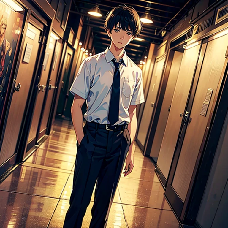 masterpiece, {{{highest quality}}}, {{Very detailed}}, {figure}, Movie angle, {Detailed light},Cinema Lighting. 1 person, Are standing, High school boys、First Love's Daily Life