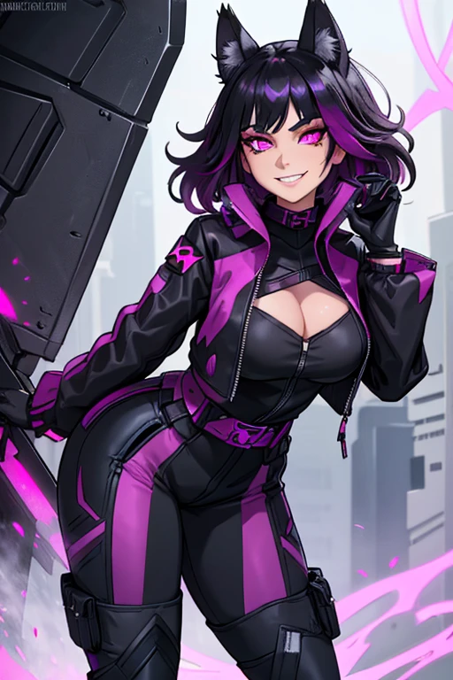 cyberpunk bunny girl with a leather jacket and purple bunny ears, purple bangs long hair