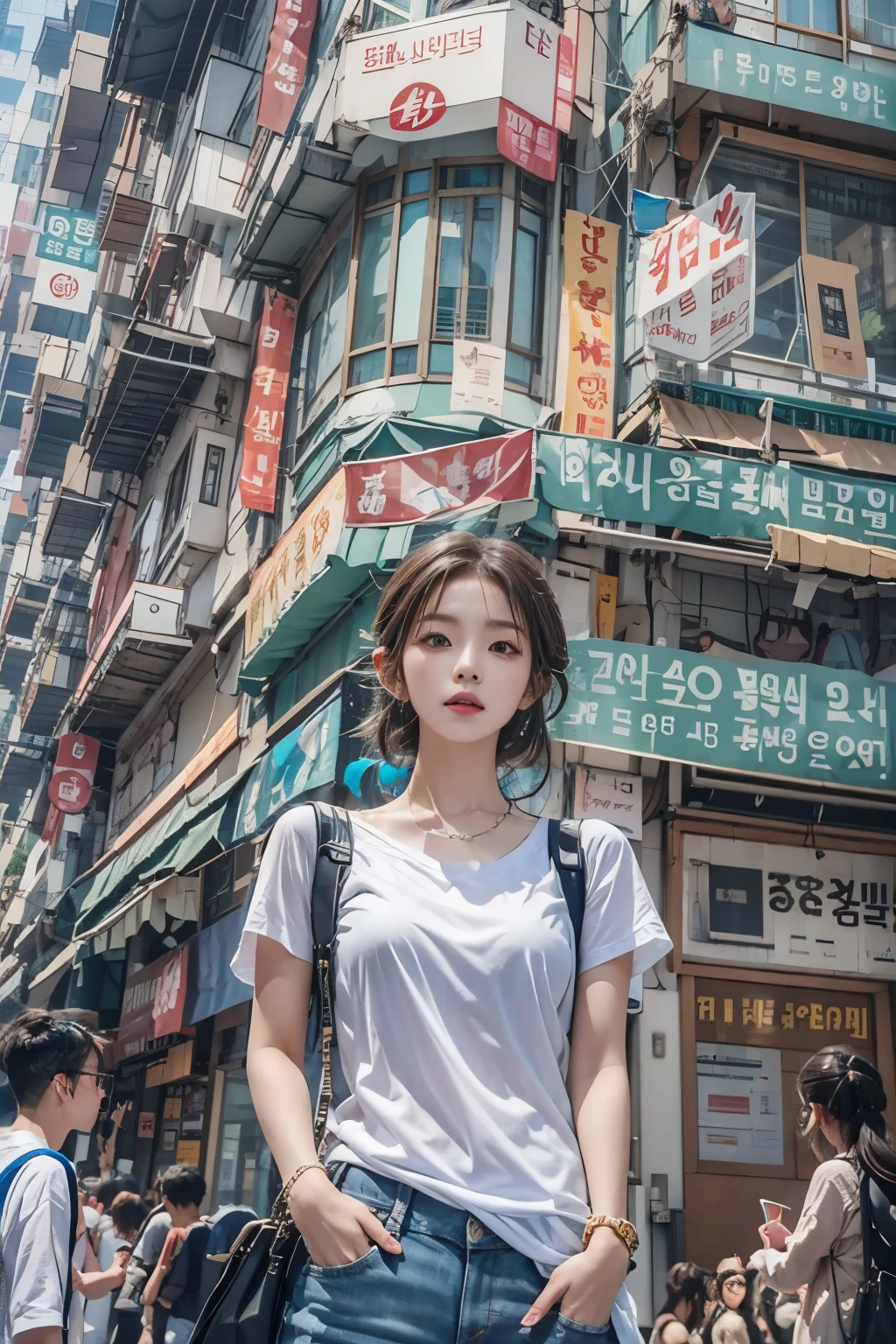 A Korean beauty standing in front of a crowded building in Hong Kong, Popular street fashion in Korea, Popular hairstyles in Korea, posing in front of the camera, (from below:1.4)