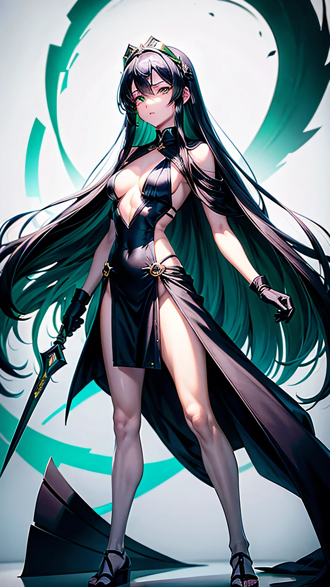 Chihaya, sleepy 15 year old girl with pale white skin, really long smooth silk black hair with really long bangs covering her left eye, sharp glowing green emerald eyes with bags underneath, a muscularly lean and slim body, wearing a black war dress with doctor like weapons, standing in a white background. War surgeon. Disease god. Fullbody. Muscular arms and muscular legs. Green eyes. Mature. Exhausted eyes. Black gloves. Floating green eyess