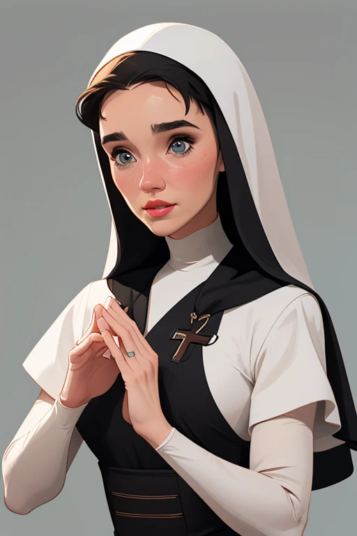 garota,, pequeno, Shy, bunda grande, viking catholic nun outfit , dynamic pose, Quente, soft or colored lips, fundo simples, perfect hands, anatomia perfeita, Tilt Jennifer Connelly style Cartoon style digital illustration GTA style