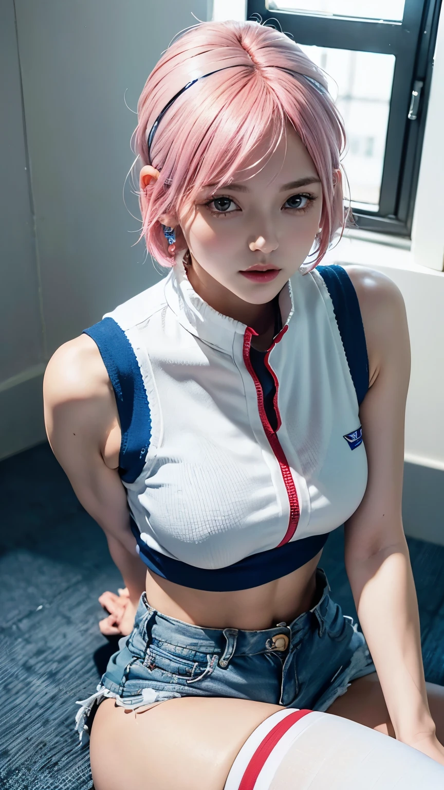 (8k, highest quality, masterpiece:1,2), (Realistic, Photorealistic:1.37), Super Detail, One Girl,), (Very detailedな), (Beautiful and detailed eyes), (highest quality), (Very detailed ), (masterpiece), (Detailed face),20-year-old, ,1 girl, ((Pink Hair,Very short hair)), Dressed, Perfect lighting, break  (White and blue colorblock bomber jacket:1.3), (Red high neck knit sweater:1.2), (White sleeveless bodysuit:1.4), (Blue high waist shorts:1.3), (Slim fit and sporty silhouette:1.2), (White knee-high socks:1.2), (Red sneakers:1.2), (White headband:1.2), (Red earrings:1.2), (blue necklace:1.2), break bangs on left side, Right ear, White headband, smile, looking at the camera, Sparkling eyes, Proudly, Stand up straight, White wall with blue lines, Gundam head logo on the wall, Grey tile floor, Red carpet on the floor, Natural light through the window, Bright face and clothes, Few shadows,(head shot:1.5)
