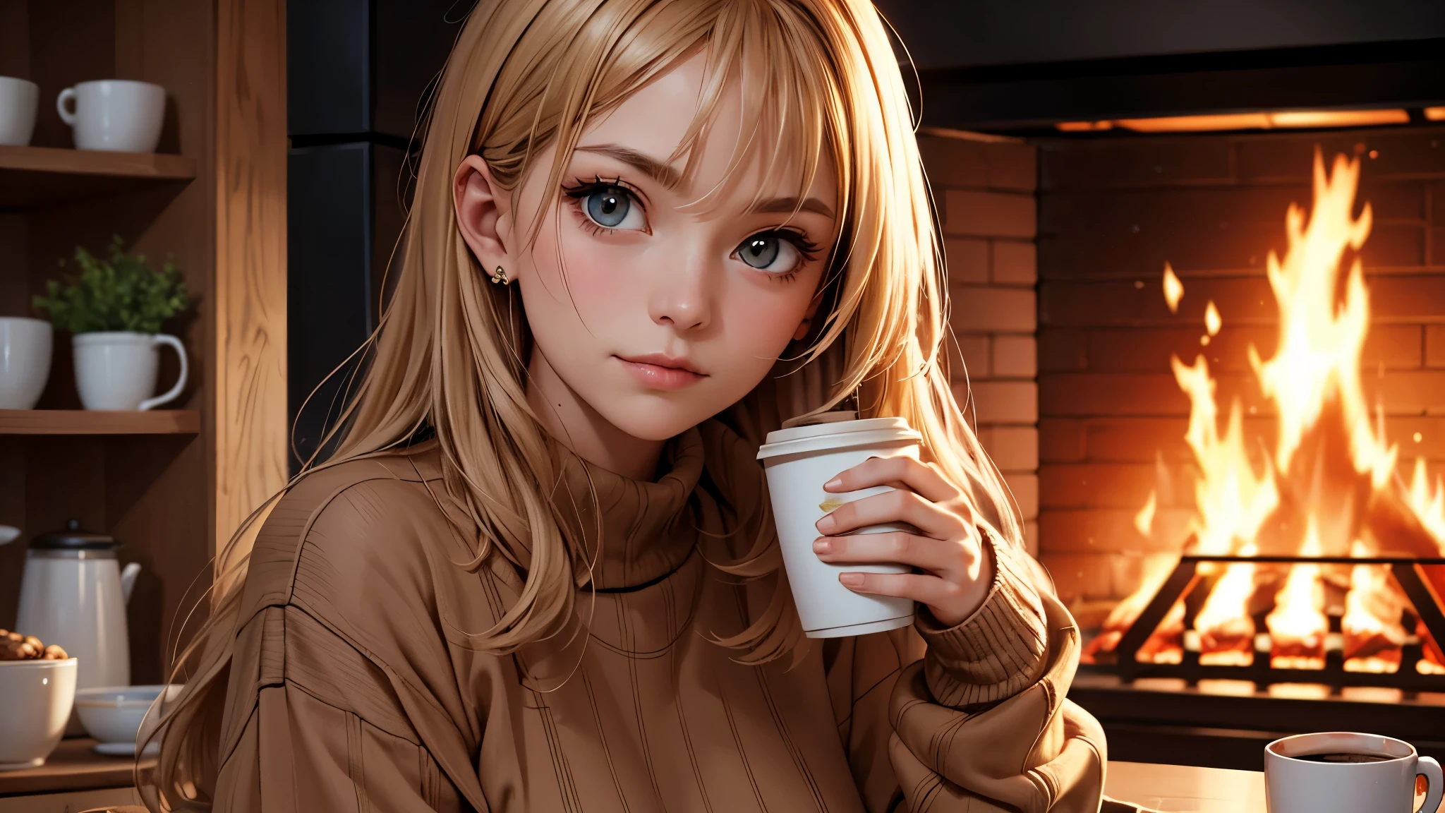 close up, portrait, ((Wearing a sweater)), in, portrait, kitchen, Holding a coffee cup, Winter Fire, open one's eyes, best quality, Upper Body, Nikon d850 film stock photos 4 Kodak 400 camera f1.6 lenses,colorful,Ultra-realistic,The texture is natural,illumination,Unreal Engine,Trending on Artstation,cinestill 800, (100mm lens), Long hair,, blond, Blue eyes, big,