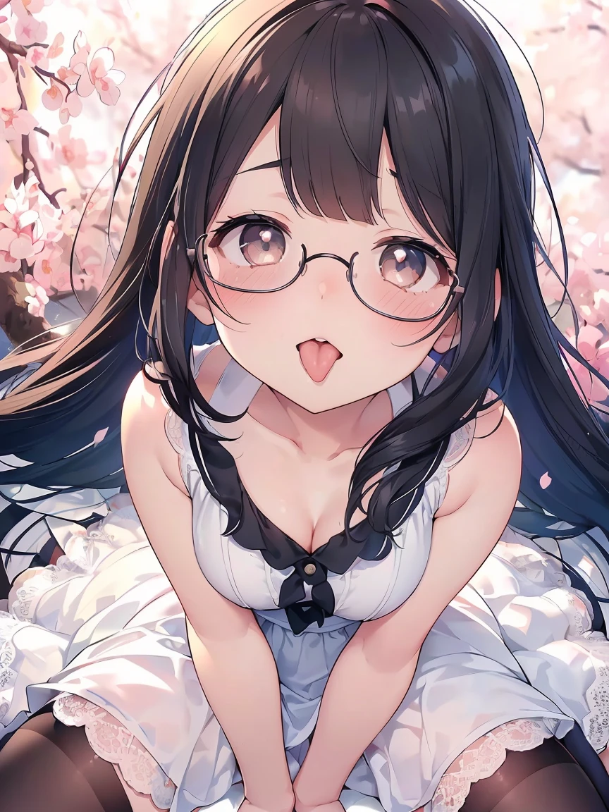 Very detailed, highest quality, High resolution, Moe Anime, ((A cute elementary school girl with black hair and droopy eyes)), ((Wearing large round glasses:1.4)), (Baby Face), Cute eyes, Detailed eye depiction, Sparkle in the eyes, View your viewers, Pale skin, (Big eyes:1.4, Droopy eyes:1.4, Fatty face:1.4), smile, Focus on the face, In the park with cherry blossoms falling, Sitting, (Extreme close up of tongue), (((From above))), Open your mouth, (((Face only:1.3))), ((white lace sleeveless dress)), Bright Eyes, Light from the front, (Put your hands between your legs:1.4), large and long tongue, Cleavage, Straight long hair