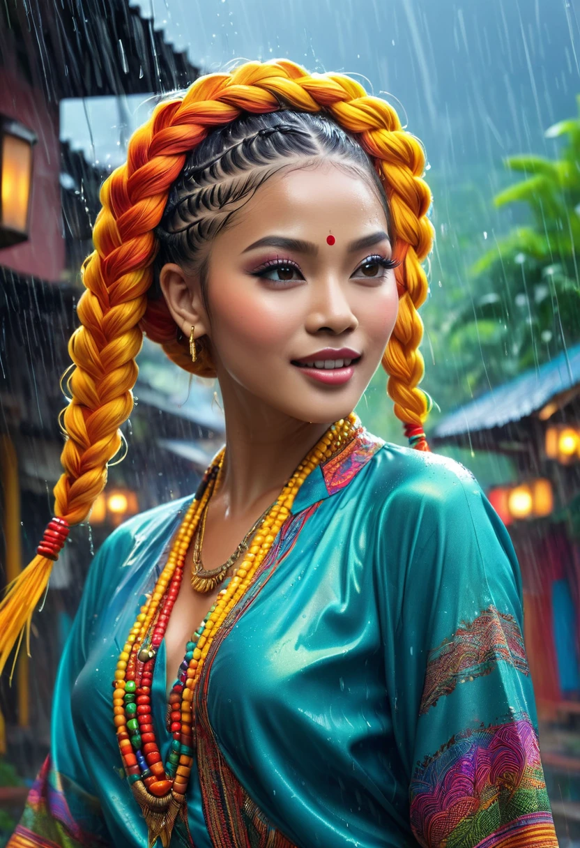(masterpiece, best quality, full body shot, Javanese female, sweaty athletic body, wearing a thin silk shirt that clings to her curves, hands adorned with intricate bracelets, dancing in a joyful situation under the pouring rain, eyes brightened with excitement and a hint of wetness, eye-catching accessories made of precious metals and colorful beads, a trendy and innovative hairstyle with vibrant braids, vibrant makeup with bold colors and defined lines, a small village background with flying leafy trees adding a touch of natural beauty and serenity, realistic and dramatic lighting creating bright and vivid colors, illustration style capturing the intricacy and detailed text