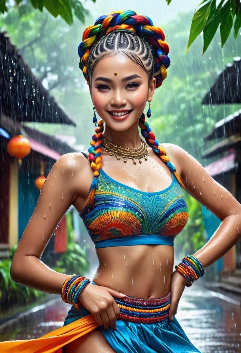 (masterpiece, best quality, full body shot, Javanese female, sweaty athletic body, wearing a thin silk shirt that clings to her curves, hands adorned with intricate bracelets, dancing in a joyful situation under the pouring rain, eyes brightened with excitement and a hint of wetness, eye-catching accessories made of precious metals and colorful beads, a trendy and innovative hairstyle with vibrant braids, vibrant makeup with bold colors and defined lines, a small village background with flying leafy trees adding a touch of natural beauty and serenity, realistic and dramatic lighting creating bright and vivid colors, illustration style capturing the intricacy and detailed text
