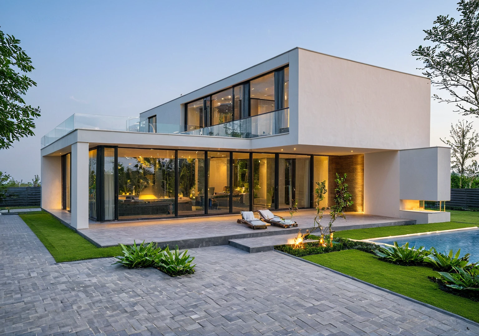 Masterpiece, high quality, best quality, authentic, super detail, outdoors, modernvilla, A modern house with a pool and a garden , white wall , pavement, grass, trees, sky, cloud, beautiful dusk sky, lighting poles on street, (daylight:1.1)

