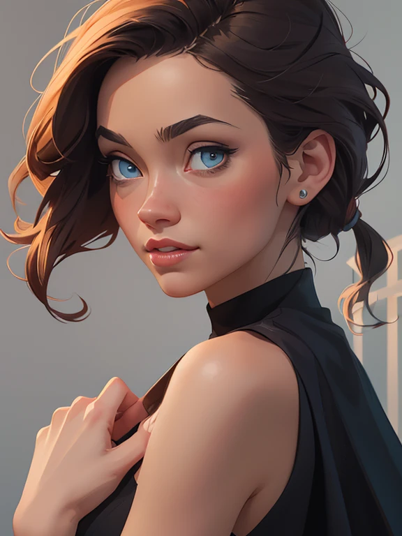  beautiful posing model, curly dark hair, dark blue eyes --ar 16:9 -
