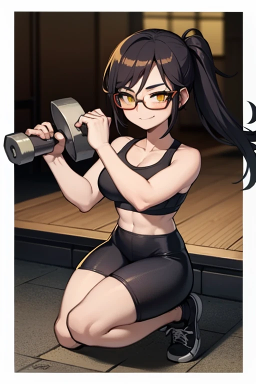 masterpiece, high quality, (anime), best quality, dynamic pose, dynamic light, 1girl, solo, beautiful face, very detailed eyes and face, dokkaebi, glasses, 1girl, sports bra, yoga pants, gym, working out, holding dumbbells, light smile,  full body portrait
