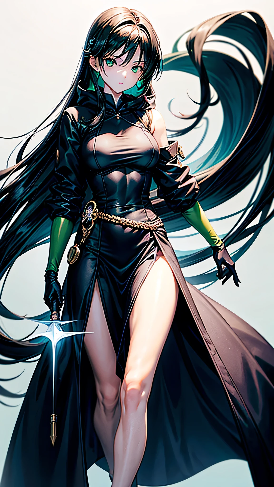 Chihaya, sleepy  girl with pale white skin, really long smooth silk black hair with really long bangs covering her left eye, sharp glowing green emerald eyes with bags underneath, a muscularly lean and slim body, wearing a black war dress with a black hoodie, with doctor like weapons, standing in a white background. War surgeon. Disease god. Fullbody. Muscular arms and muscular legs. Green eyes. Mature. Exhausted eyes. Black gloves. Floating green eyess