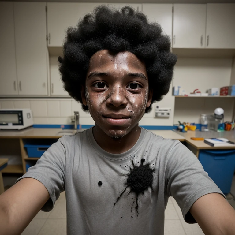 A selfie of an elementary school boy in tatters covered in soot from an explosion that turned him into an afro