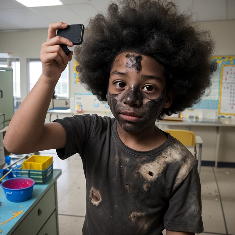 A selfie of a boy in elementary school, covered in soot and with an afro, in tatters after an explosion in the science lab