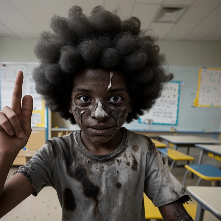 A selfie of a boy in , covered in soot and with an afro, in tatters after an explosion in the science lab