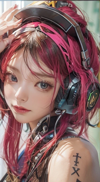 ​masterpiece, 1 beautiful girl, Detailed eye, Swollen eyes, top-quality, 超A high resolution, (reality: 1.4), Movie Lighting, japanes, a asian beauty, very extremely beautiful, Beautiful skins, A slender, Forward-facing body, (A hyper-realistic), (hight resolution), (8K), (ighly detailed), ( Best Illustration), (beautifully detailed eyes), (ultra-detailliert), Detailed face, Bright lighting, Professional lighting、The background is a cyberpunk room with many monitors、The cord is connected from the costume、Hair color is red、headset on head、small tattoo on face、Female Game Commentator