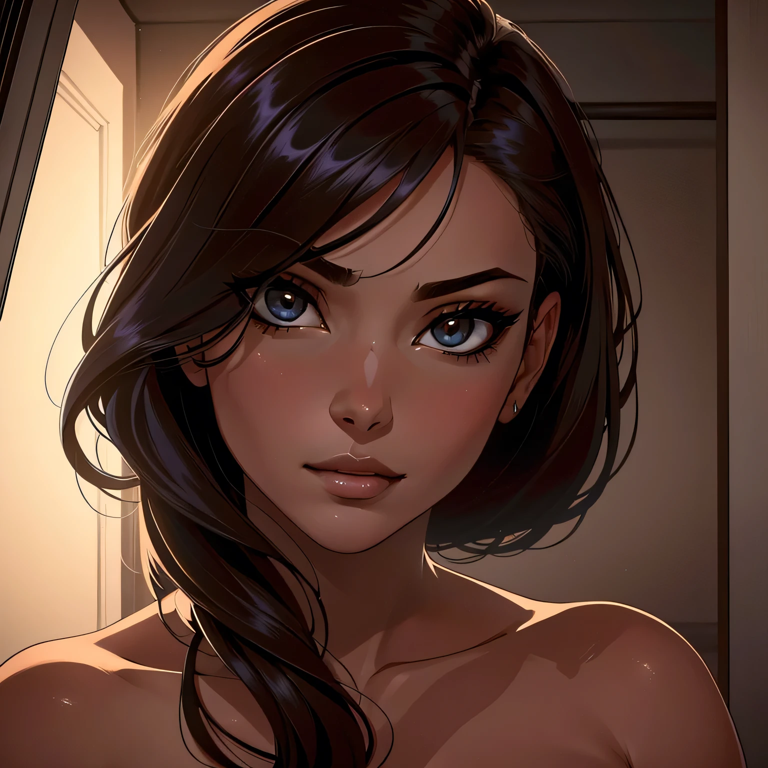 Amazing portrait of a close up shot of a seductive and alluring woman with a beautiful face who is stealthily concealed in a confined closet with the viewer evoking a sense of danger and secrecy illuminated by a tantalizing sliver of light seeping through a narrow gap.