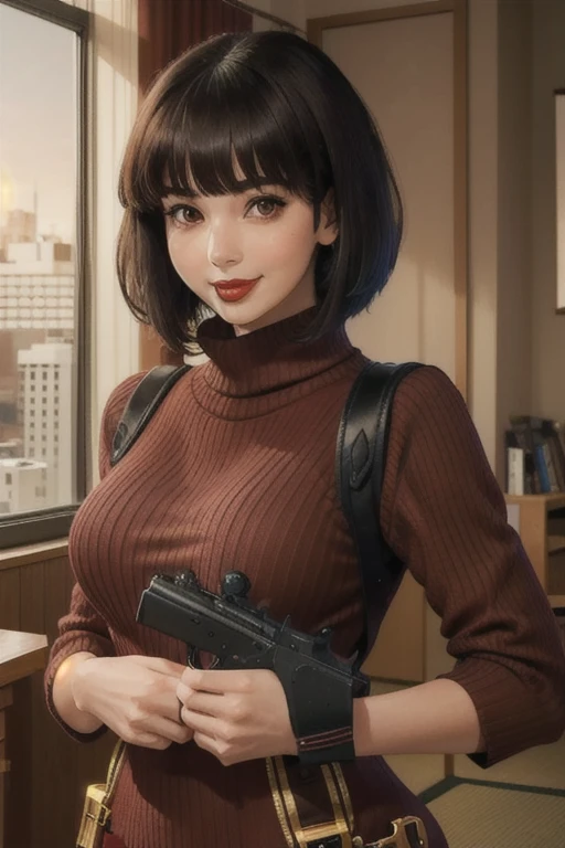 smiling at viewer, (portrait, close up:1.2)
spherehunter, 1girl, lips, short black hair, blunt end bangs, brown eyes, red lips, red ribbed sweater dress, gold jewelry, gun holster straps, military gear,
realistic, picturesque, indoors, night time, city skyline, japan,
 