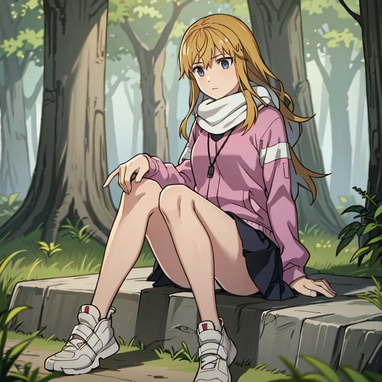 lucy from chrono ark, 1girl, solo, small breast, soft smile, looking at viewer, blurry background, outdoors, half body, slim, ((masterpiece)), best quality, high detailed illustration, high detailed background, hi-res, standing, upper body, purple jacker, black short skirt, white scarf, legs together, sitting, (bare feet)