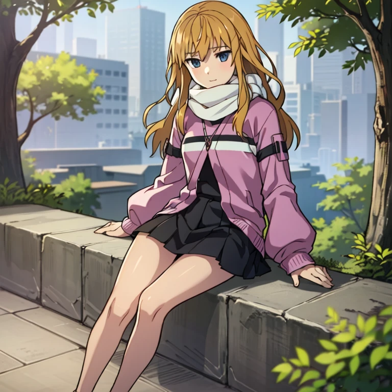 lucy from chrono ark, 1girl, solo, small breast, soft smile, looking at viewer, blurry background, outdoors, half body, slim, ((masterpiece)), best quality, high detailed illustration, high detailed background, hi-res, standing, upper body, purple jacker, black short skirt, white scarf, legs together, sitting, (bare feet)