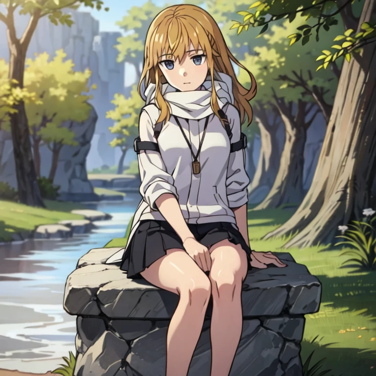 lucy from chrono ark, 1girl, solo, small breast, short height, soft smile, looking at viewer, blurry background, outdoors, full body, slim, ((masterpiece)), best quality, high detailed illustration, high detailed background, hi-res, standing, upper body, purple jacket, black short skirt, white scarf, legs together, sitting, bare feet