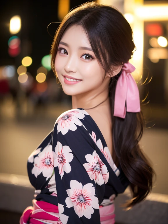 ((highest quality))、((Natural and realistic eyes))、((Beautiful eyes))、Tear bags、double eyelid、((masterpiece、8K、Very detailed, Realistic, super thin skin, Perfect Anatomy))、Japanese women、1 person、30th Generation、married、Above the waist、((Hair tied at the back))、((pink floral yukata))、(Sexy smile)、clear、Beautiful woman、Elegant、(Fireworks display at night)、Glamour、Bust size 85cm、((close up))