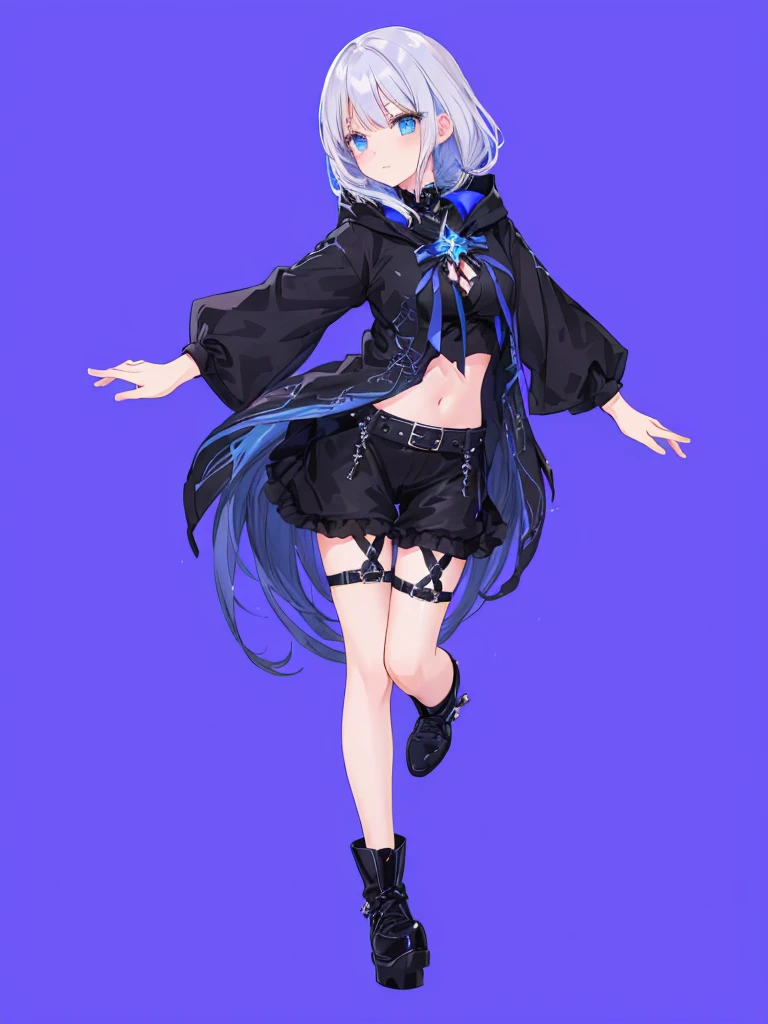 Silver Hair,Anime girl in black and blue clothes with black boots, Wearing long, loose clothing, Astral Witch Outfit,, Stylish Dark Witch, Anime Style, Anime Moe Art Style, Costume Design