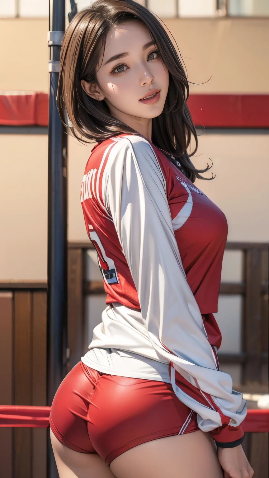 8k, RAW Photos, highest quality, masterpiece, Realistic, Photorealistic, (1 Ultimate beauty), 21 years old, Highly detailed face, (Perfect Teeth), Detailed eyes, double eyelid, eyelash, Grin, Lip details, brunette bob, Natural Breasts, ((sexy japan volleyball uniforms)), ((red sexy gym shorts))Soft Light, ((Written boundary depth)) 、Shot from the back, athletic body, volleyball coat,