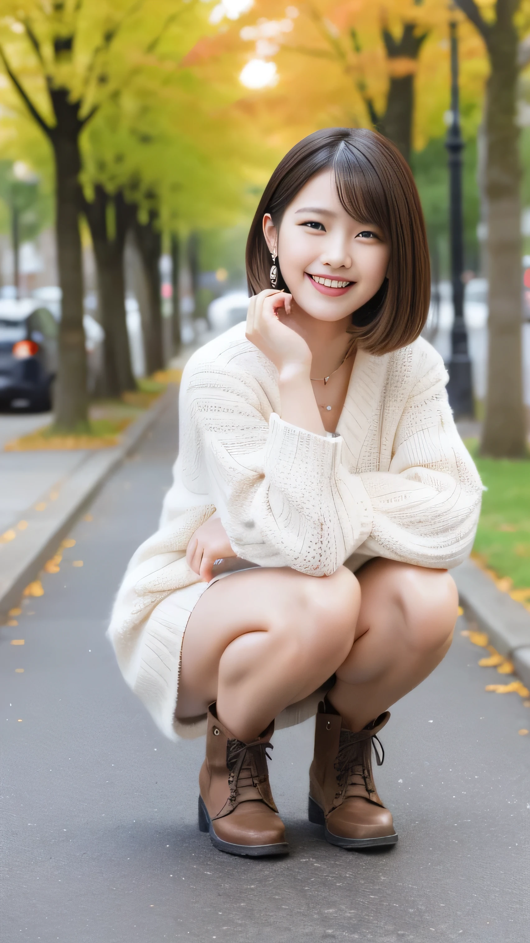 Photo taken by a professional photographer,laughter:1.5,Close-up of a woman squatting on the sidewalk, wearing a sweater, Short-cut brown hair, hair is disheveled,young and cute girl, Wearing a super super super super super super super mini skirt:1.5,Wear stylish boots,sit on a park bench:1.5,Fancy makeup with red eyeshadow,Beautiful thighs are visible,I can see white panties,