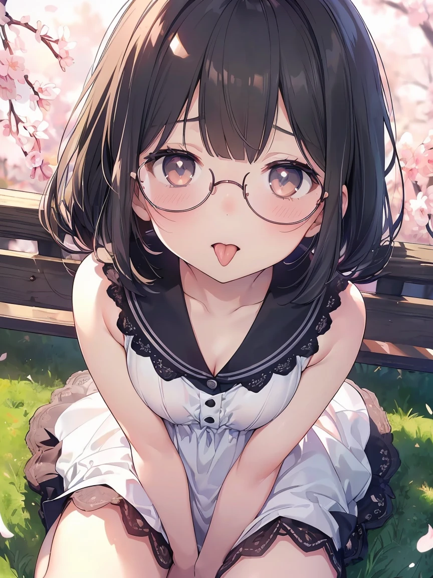 Very detailed, highest quality, High resolution, Moe Anime, ((A cute 8--old l with black hair and droopy eyes)), ((Wearing large round glasses:1.4)), (Baby Fa eyes, Detailed eye depiction, Sparkle in the eyes, View your viewers, Pale skin, (Big eyes:1.4, Droopy eyes:1.4, Fatty face:1.4), smile, Focus on the face, In the park with cherry blossoms falling, Sitting, (Extreme close up of tongue), (((From above))), Open your mouth, (((Face only:1.3))), ((white lace sleeveless dress)), Bright Eyes, Light from the front, (Put your hands between your legs:1.4), large and long tongue, Cleavage, Straight long hair