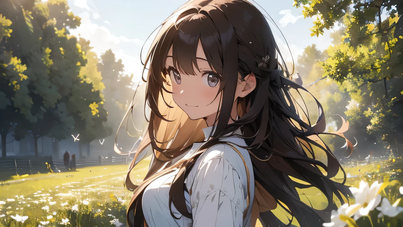 High detail,Hyper Detail,Ultra high resolution light brown eyes,Long-haired girl enjoys time in the field,Surrounded by natural beauty,The warm sun shining down on her,White flowers swaying gently in the breeze。Butterflies and birds flutter around her,It adds a playful atmosphere,smile, --v6