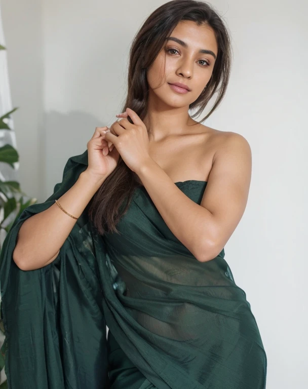 Beautiful ,23 years young Indian girl healthy, confidential looking,8k,realistic, raw photo,dark brown hair,fair skin, indian,long hair,clear facial features,, very detailed, 23years old, innocent face, natural wavy hair, high resolution, masterpiece, best quality, intricate details, highly detailed, sharp focus, detailed skin, realistic skin texture, texture, detailed eyes, professional, 4k, charming smile, shot on Canon, 85mm, shallow depth of field, kodak vision color, perfect fit body, extremely detailed, foto_\(ultra\), photorealistic, realistic, post-processing, maximum detail, roughness, real life, ultra realistic, photorealism, photography, 8k uhd, photography, wearing dark green blouse and red saree with golden highlights
