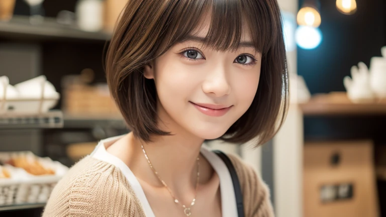 (最high quality、8k、32k、masterpiece、Hmph:1.2)、cute日本人女性の写真、Very short bob hair、Upper Body、Surface Focus、Extra Large_sweater、necklace、Cafe Background、Viewer search x4、(8k、RAW Photos、最high quality、masterpiece:1.2)、(Realistic、Realistic:1.37)、1 girl、cute、Professional Lighting、Photon Mapping、Physically Based Rendering、Gradient brunette hair、Short Curly Hair、good looking、Excellent image quality、High resolution、1080p、(Beautiful Face)、(Detailed facial depiction)、(Detailed Hand Explanation)、(Masseter region)、(Detailed CG)、 Extreme light and shadow、Brown Hair, With bangs, (Layered Short Hair), (big: 1.5), Beautiful Eyes, スリットの入ったBeautiful Eyes, double eyelid, (Cat face), (cute Face), cute Smile, (Shut your mouth.), (cute), Soft Skin, Show your whole body, Surreal, Very detailed, high quality, (Beautiful female college student with short hair studying in a cafe), ((詳細な非常にcute女子大生), ((big胸 It can be seen even through clotheasterpiece、Rich details、(exquisite features)、(Best image quality)、(masterpiece)、(Fine grain)、Delicate clavicle、Various poses、Don&#39;Don&#39;Staring at your boyfriend、profile、Photo taken in a cafe、Spring Clothes、simple necklace、knit