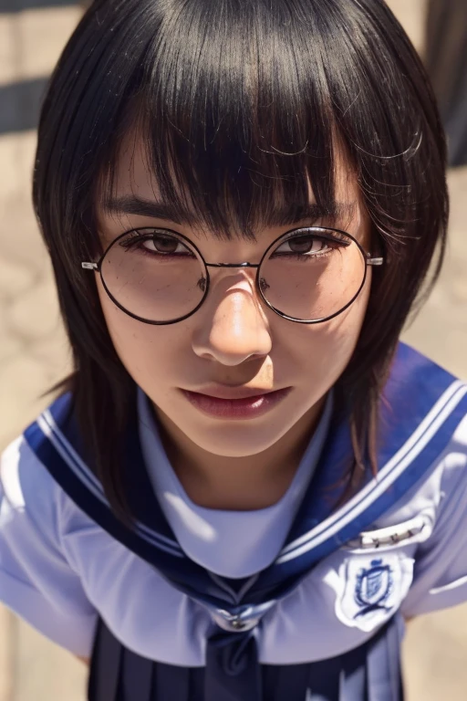 (masterpiece, best quality, beautiful quality, photorealistic, looking at viewer, detailed lighting, extremely detailed skin, extremely detailed hair, extremely detailed teeth, shadows, 8k:1.2), (a picture of a woman, 1girl, glasses, school uniform, from above, full body:1.2),
