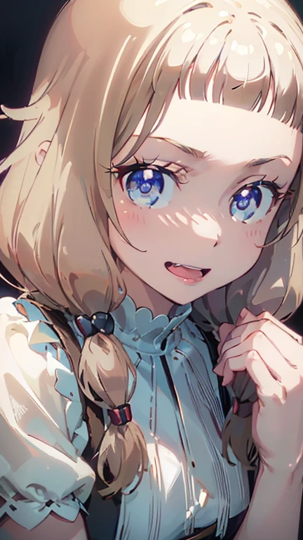 (Masterpiece: 1.2), Best Quality, (Illustration: 1.2), Eye Focus, (Ultra Detailed), Ultra Detail, (Fine Detail), (Intricate Detail), (Cinematic Light, Best Quality Backlight), Clear Lines, Solo Female, Solo Female, Perfect Figure, (1 Girl), High Contrast, (Best Lighting, Extremely Delicate and Beautiful), ((Cinematic Light)), Powerful, Absolutely Striking, Dynamic Angle, Gorgeous Background, cute Teeth, Open Mouth, mischievous smile, close-up, depth of field, close-up of a long-haired character. A cute tongue sticks out of the mouth, long hair, big breasts, short sleeves, dress, bare shoulders, braids, porcelain clothes