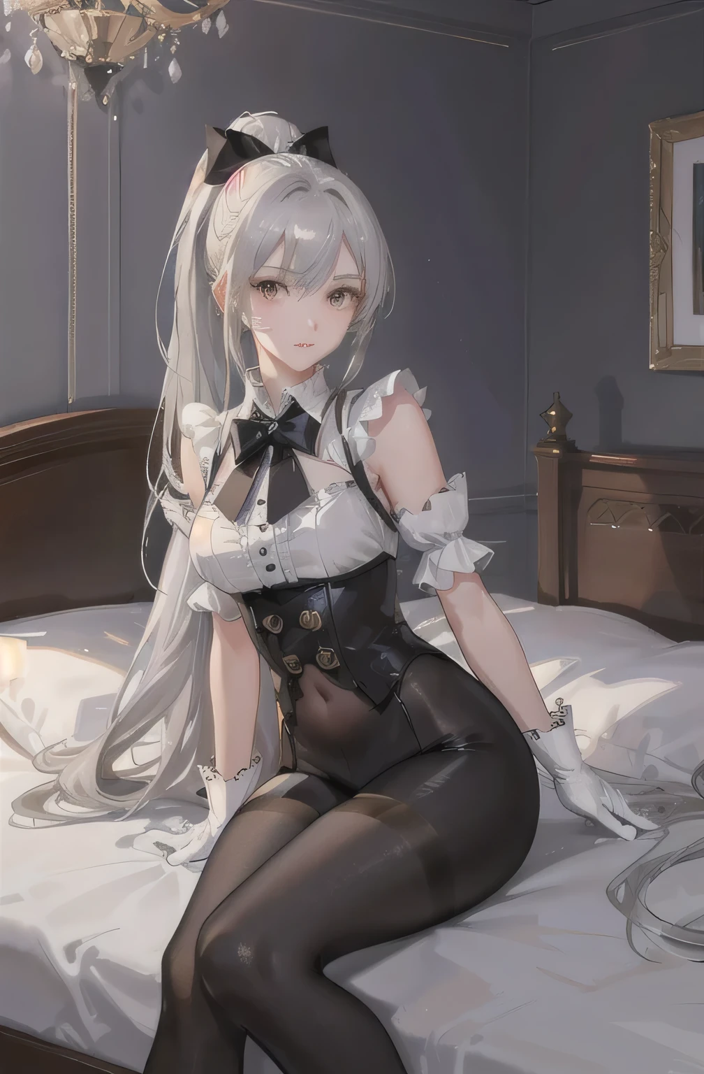 1 girl! Ray Tracing, Best shadows, high resolution (Dim Lights) Detailed background (bedroom) (Fluffy silver hair, Busty and slim girl) (High Ponytail) restlessly in the bedroom, Avoid blonde eyes (Wearing black high-waisted pants and tights with delicate embroidery，Wearing white ruffled bow gloves), Show off your slender figure and beautiful curves, Correctly positioned limbs! Sitting on the bed, Delicate facial features! Pay attention to the details of the leg position! Pay attention to finger details! high quality! More eligible! Reduce Errors! Ultra-detailed CG, The picture is more reasonable.