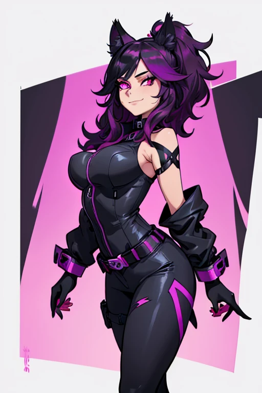 female, black long hair with magenta highlights, silver eyes, black wolf ears, black wolf tail (((1girl))), (((Black Widow outfit with magenta trim))), (black pants), (black gloves), (black tactical belt), (black boots), cute and sexy, full body, large breasts, large butt, long legs, smiling