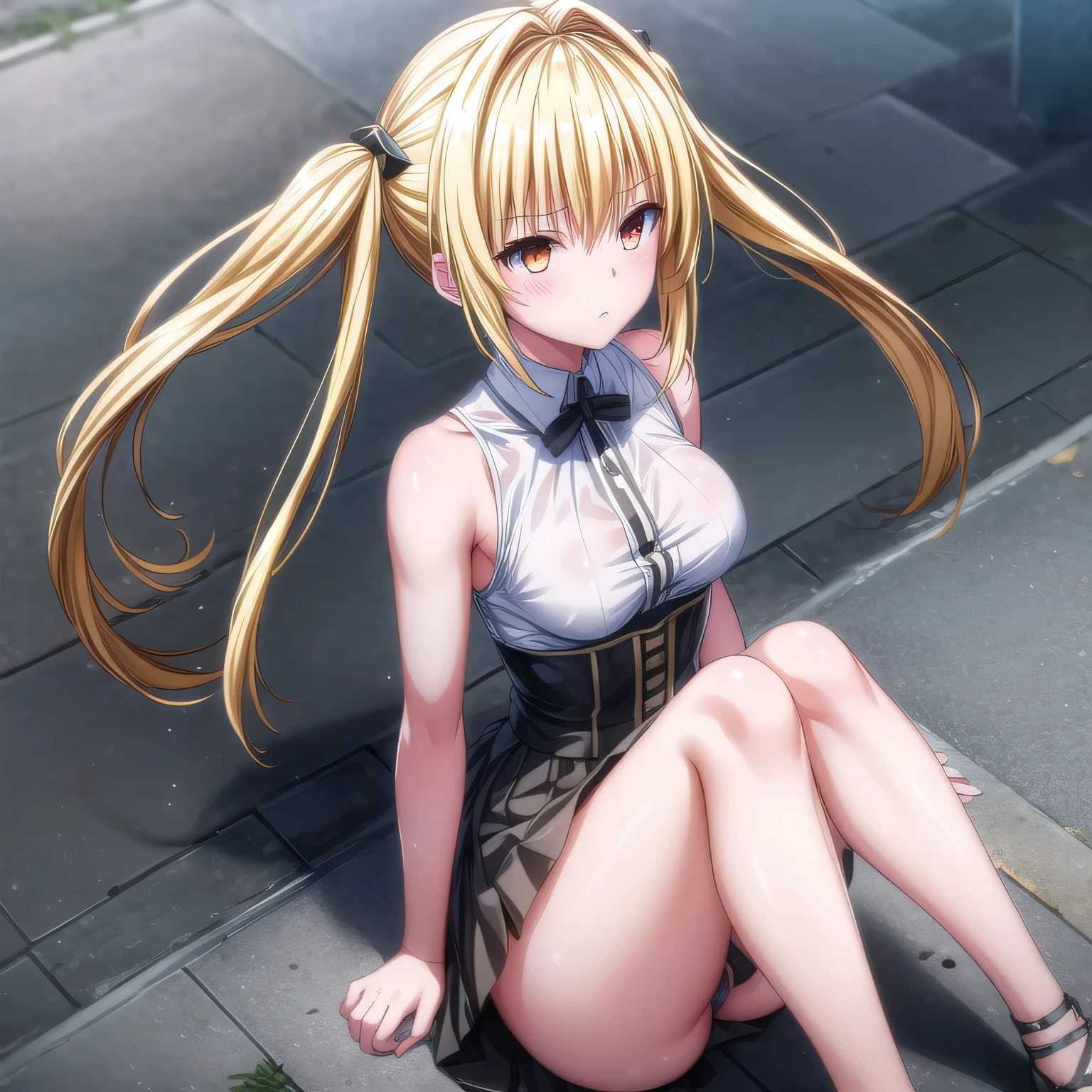 realistically, golden eyes, twintail, glowing eyes, golden hair, white short skirt, extra short skirt, Blush, daytime, Wet, see through, sleeveless shirt, nipples, pussy, embarrass, Sit with your knees raised, windy, yami, the skirt is turned up, highest quality, High resolution, highly detailed face, bare crotch, highest detailed CG, perfect hands, perfect anatomy, wind blow skirt up, medium breast