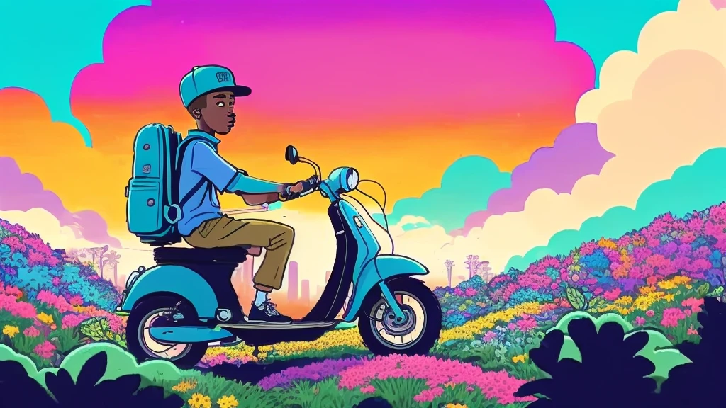 Cartoon of a man with a backpack and scooter in a flower field, Lo-fi hip hop, Colorful illustration, Chill Hop, Tyler the Creator, Color illustrations, Psychedelic Hip Hop, Colorful illustration, Animation illustration style, I will fix it, Lo-fi art style, Album art, Horticulture, Animation stills, vaporwave cartoon, Psychedelic Hip Hop