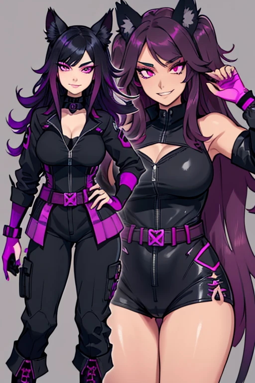 female, black long hair with magenta highlights, silver eyes, black wolf ears, black wolf tail (((1girl))), (((Black Widow outfit with magenta trim))), (black pants), (black gloves), (black tactical belt), (black boots), cute and sexy, full body, large breasts, large butt, long legs, smiling