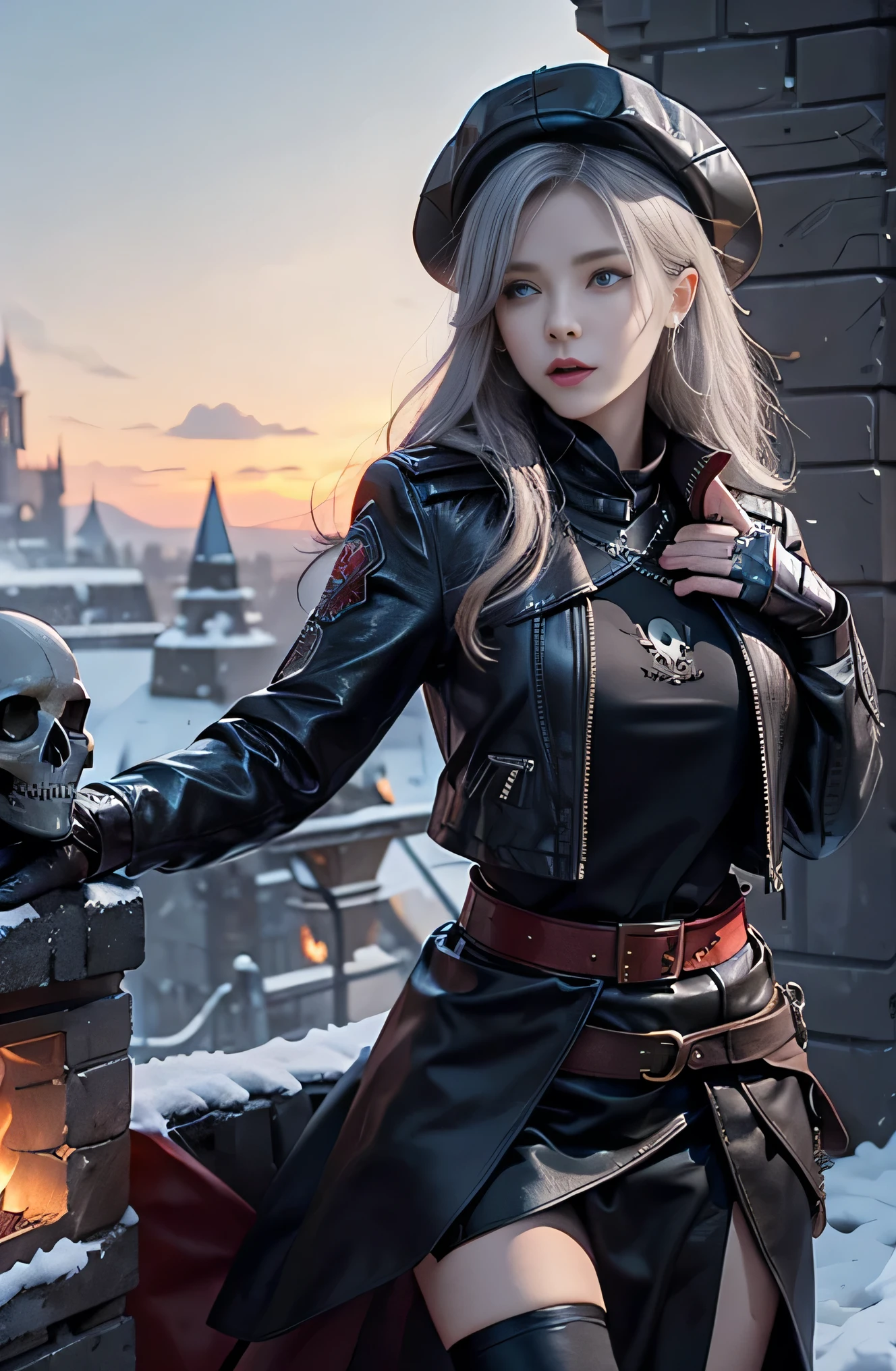 full body Esbian, of the highest quality, Intricately detailed skins, Shiny skin, Shiny hair, pale complexion,Big breasts), Red sky, Continuous snow, Castle terrace, ((Skull Mark)), ambitious, Seductive Woman, Gray hair, Long hair, Hair fluttering in the wind, Skull mask on half of the face, Detailed tattoos, Red leather clothes, Red sleeveless clothes, Black leather coat, Black leather gloves, Solid Gold Bracelet, leather skirt red skirt, , Hat with skull marker, (Leather Belt), Look far away