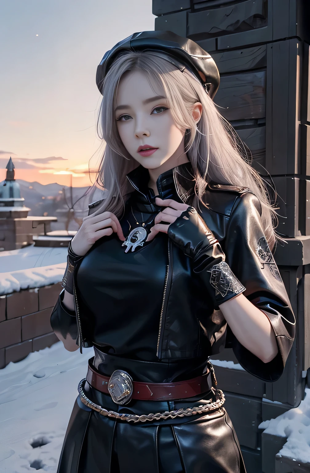 full body Esbian, of the highest quality, Intricately detailed skins, Shiny skin, Shiny hair, pale complexion,Big breasts), Red sky, Continuous snow, Castle terrace, ((Skull Mark)), ambitious, Seductive Woman, Gray hair, Long hair, Hair fluttering in the wind, Skull mask on half of the face, Detailed tattoos, Red leather clothes, Red sleeveless clothes, Black leather coat, Black leather gloves, Solid Gold Bracelet, leather skirt red skirt, , Hat with skull marker, (Leather Belt), Look far away