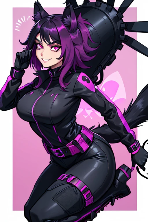 female, black long hair with magenta highlights, silver eyes, black wolf ears, black wolf tail (((1girl))), (((Black Widow outfit with magenta trim))), (black pants), (black gloves), (black tactical belt), (black boots), cute and sexy, full body, large breasts, large butt, long legs, smiling