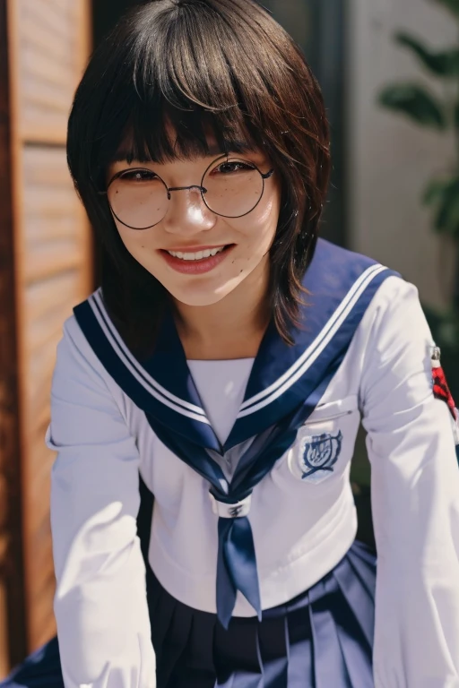 (masterpiece, best quality, beautiful quality, photorealistic, looking at viewer, detailed lighting, extremely detailed skin, extremely detailed hair, extremely detailed teeth, shadows, 8k:1.2), (a picture of a woman, 1girl, glasses, school uniform, front view, full body:1.2),