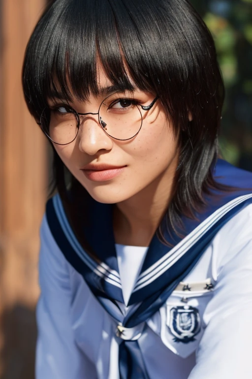 (masterpiece, best quality, beautiful quality, photorealistic, looking at viewer, detailed lighting, extremely detailed skin, extremely detailed hair, extremely detailed teeth, shadows, 8k:1.2), (a picture of a woman, 1girl, glasses, school uniform, front view, full body:1.2),