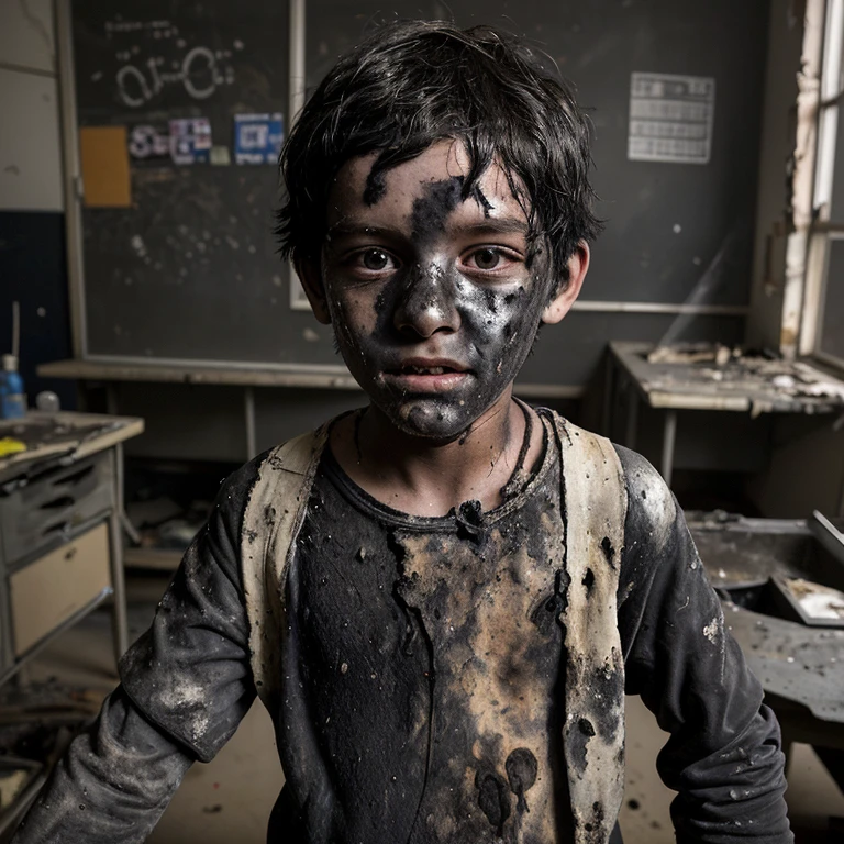 A selfie of a boy , covered in soot and with his clothes torn and charred after an explosion in the science lab