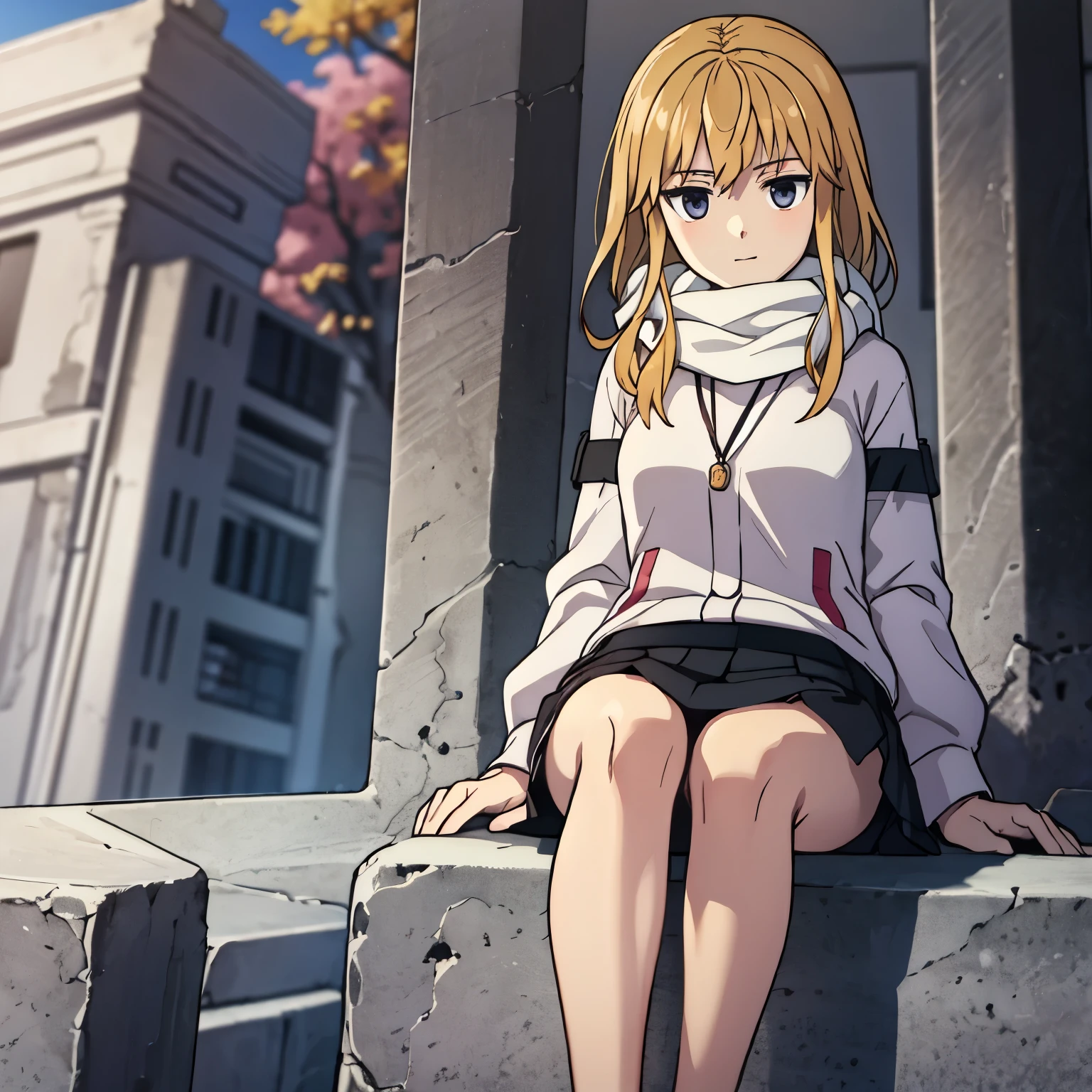 lucy from chrono ark, 1girl, solo, small breast, soft smile, looking at viewer, blurry background, outdoors, half body, slim, ((masterpiece)), best quality, high detailed illustration, high detailed background, hi-res, standing, upper body, purple jacker, black short skirt, white scarf, legs together, sitting, (bare feet)