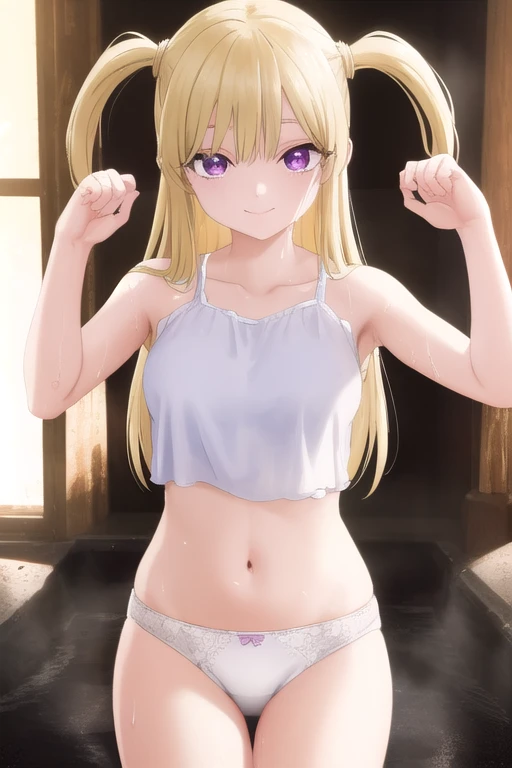 (masterpiece), best quality, high resolution, extremely detailed, detailed background, perfect lighting,erika kizaki, long hair, blonde hair, (purple eyes:1.1), two side up,(voluminous hair:1.3),white panties, collarbone, light smile, joyful eyes, cute pose, BREAK indoors, hot springs, BREAK looking at viewer, (cowboy shot:1.5), BREAK, (masterpiece:1.2), best quality, high resolution, unity 8k wallpaper, (illustration:0.8), (beautiful detailed eyes:1.6), extremely detailed face, perfect lighting, extremely detailed CG, (perfect hands, perfect anatomy), solo, ultra beautiful,feminine, armpits, she is hot and sweaty, wet, 