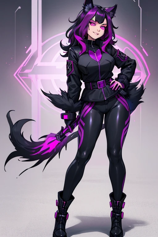 female, black long hair with magenta highlights, silver eyes, black wolf ears, black wolf tail (((1girl))), (((Black Widow outfit with magenta trim))), (black pants), (black gloves), (black tactical belt), (black boots), cute and sexy, full body, large breasts, large butt, long legs, smiling