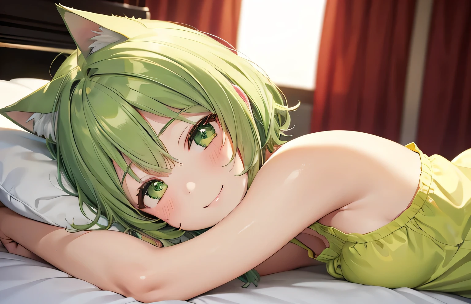 Loli, child, flat chest, nude, naked, pointy ears, laying on the bed, on back, good eyes, smiling softly, perfect body ratio,