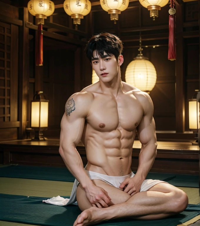 Chinese Men God, Mythology, Chinese odyssy, Handsome, Topless, Muscles, Athlete body, Full Frame, Sexy, Professional Lighting, Hanfu Outfit, Chinese Heaven Background, Bulge Underneathe brief Underwear, white transparent brief, Sexy tight  bulge form dick shape,   Hanfu Warrior, Hanfu God, Hanfu Male, Hanfu Nobel, Seduce, Sex Appeals,  Alafard man shirtless   carrying a backpack, muscular body, handsome,  manly,  inspirite by Zhang Han, Cai Xukun, Kim Do-young, Inspired by Bian Shoumin, Inspired by Xiao Yuncong, yihao ren, yanjun cheng, jinyiwei, inspired by Huang Gongwang, xintong chen, Jacket, wearing japanese loincloth,nice butts, Tattoo chest,  tattoo hands,  tattoo arms,  tattoo belly, clear studio light, lay on the ground,  hands holding legs in M shape,  night ancient chinese Buddhism temple background,  detailed background, fantasy Chinese themed, the best resolution, 8k, Ultra fullHD, look at the viewer,  catching eyes, 
